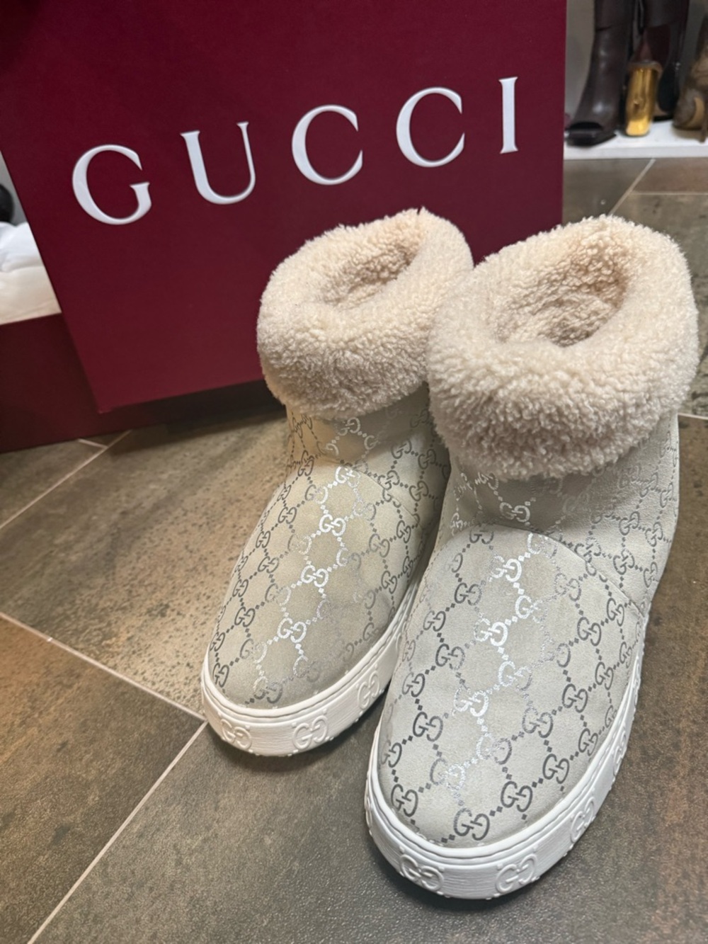 Gucci Cream GG Canvas Shearling Cuffed Ankle Boots